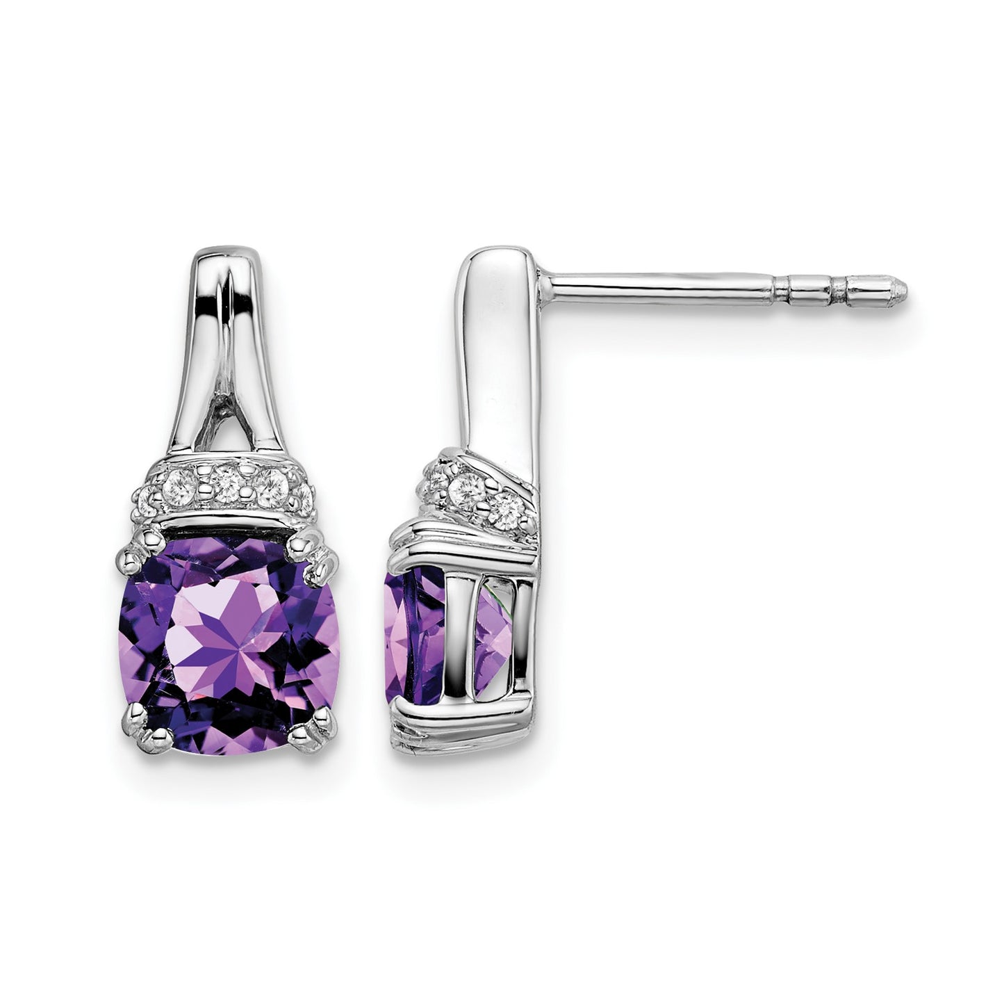 14k White Gold 6mm Cushion Amethyst and .07 carat Diamond Post Earrings