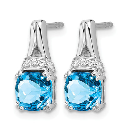 14k White Gold 6mm Cushion Blue Topaz and .07 carat Diamond Post Earrings