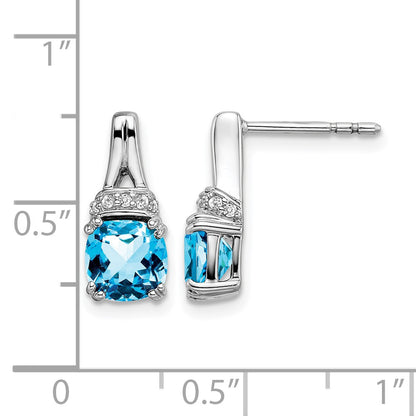 14k White Gold 6mm Cushion Blue Topaz and .07 carat Diamond Post Earrings