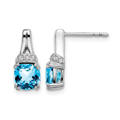 14k White Gold 6mm Cushion Blue Topaz and .07 carat Diamond Post Earrings