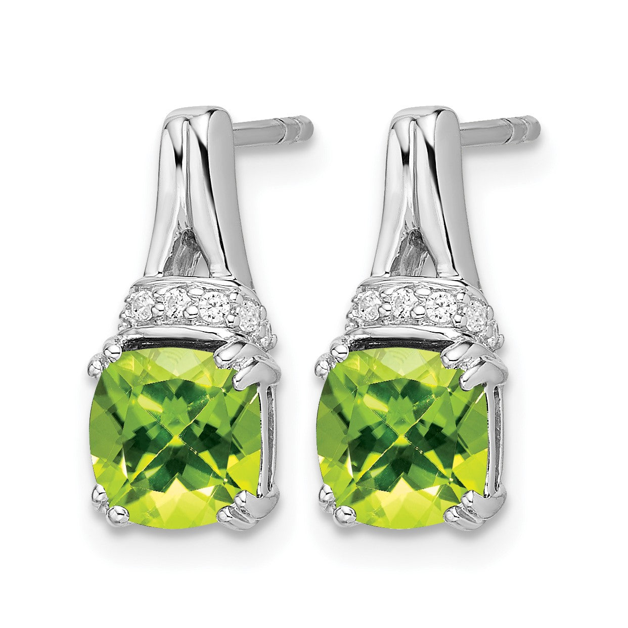 14k White Gold 6mm Cushion Peridot and .07 carat Diamond Post Earrings