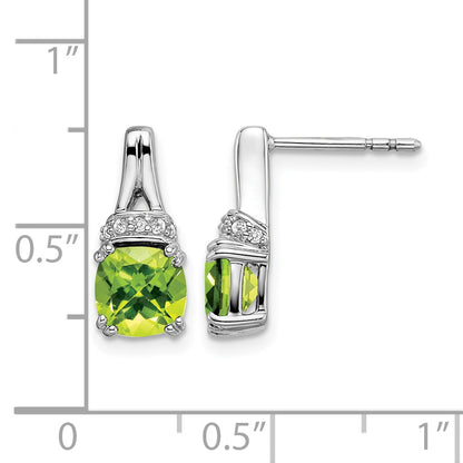 14k White Gold 6mm Cushion Peridot and .07 carat Diamond Post Earrings