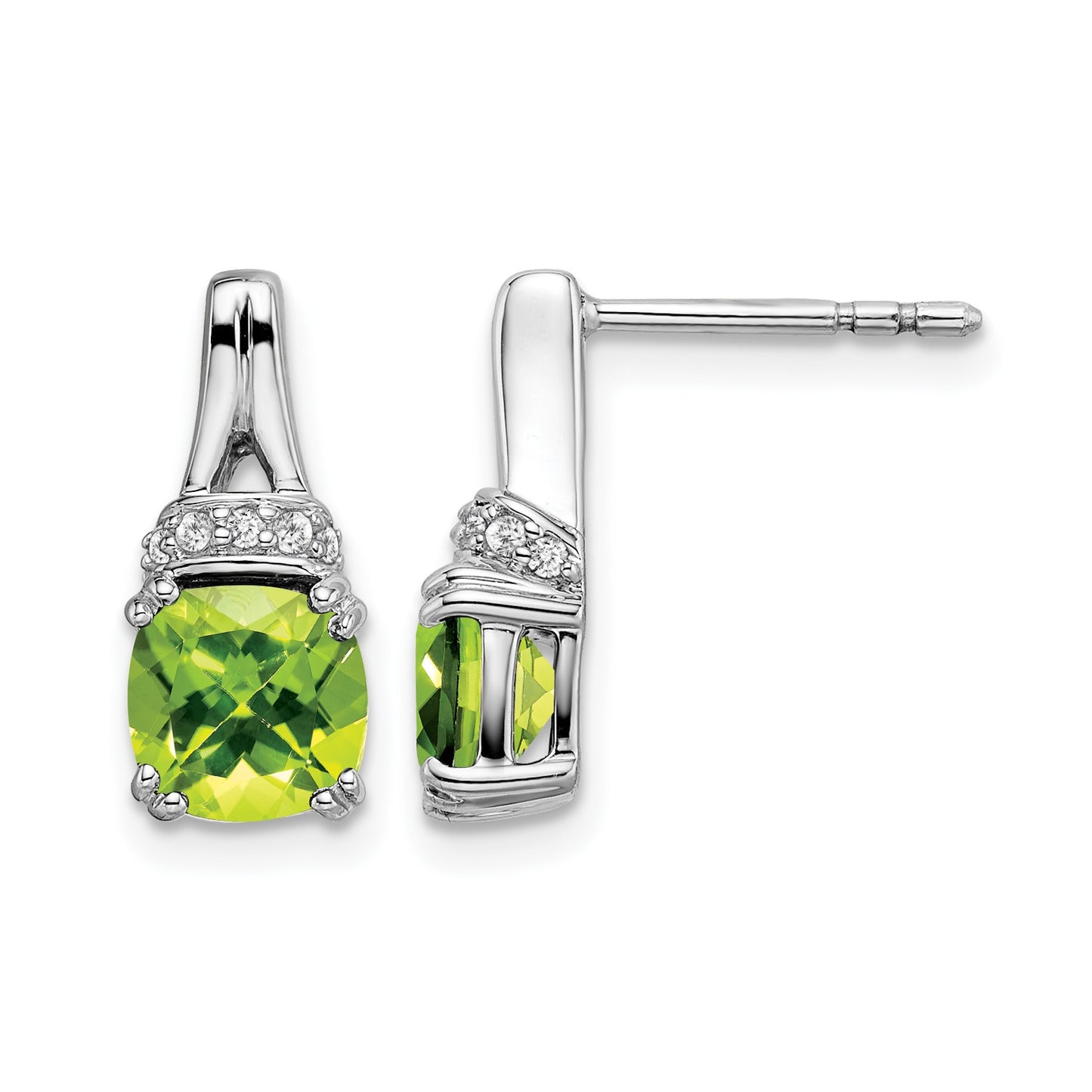 14k White Gold 6mm Cushion Peridot and .07 carat Diamond Post Earrings