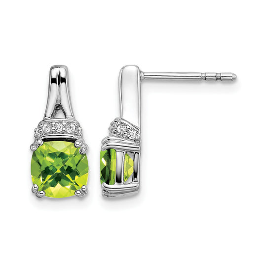 14k White Gold 6mm Cushion Peridot and .07 carat Diamond Post Earrings