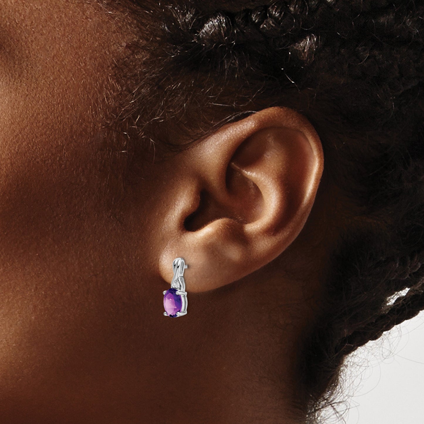 14k White Gold 7x5mm Oval Amethyst and Diamond Post Earrings