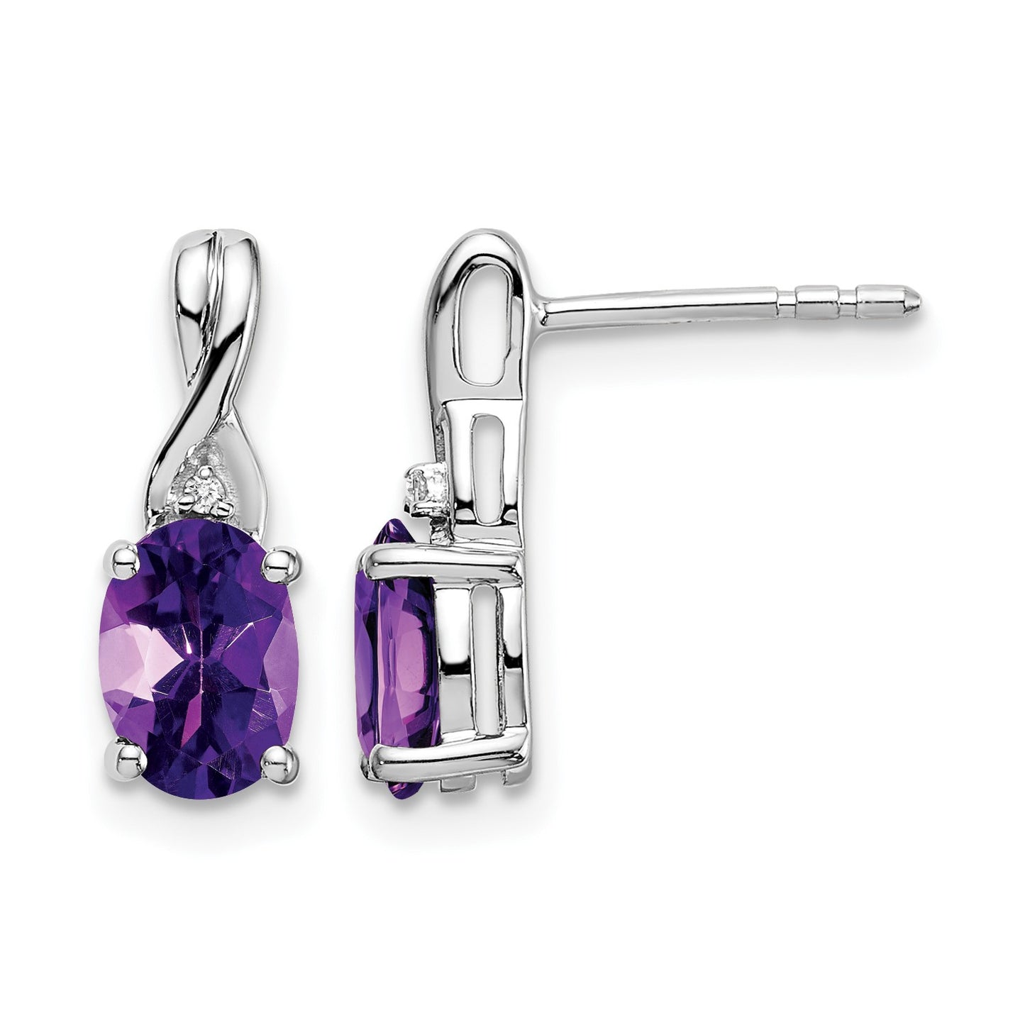 14k White Gold 7x5mm Oval Amethyst and Diamond Post Earrings