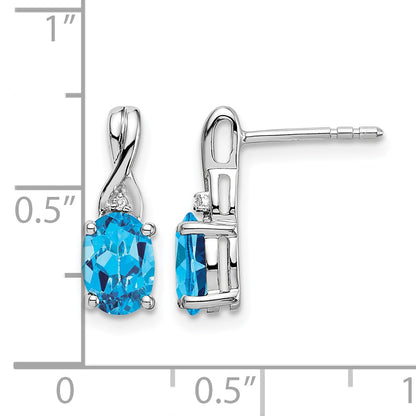 14k White Gold 7x5mm Oval Blue Topaz and Diamond Post Earrings