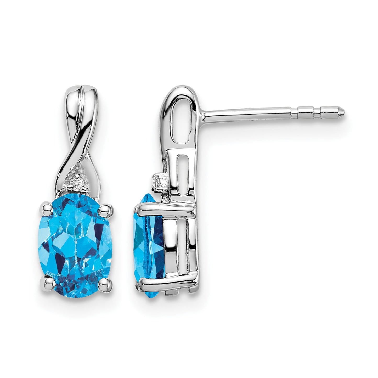 14k White Gold 7x5mm Oval Blue Topaz and Diamond Post Earrings