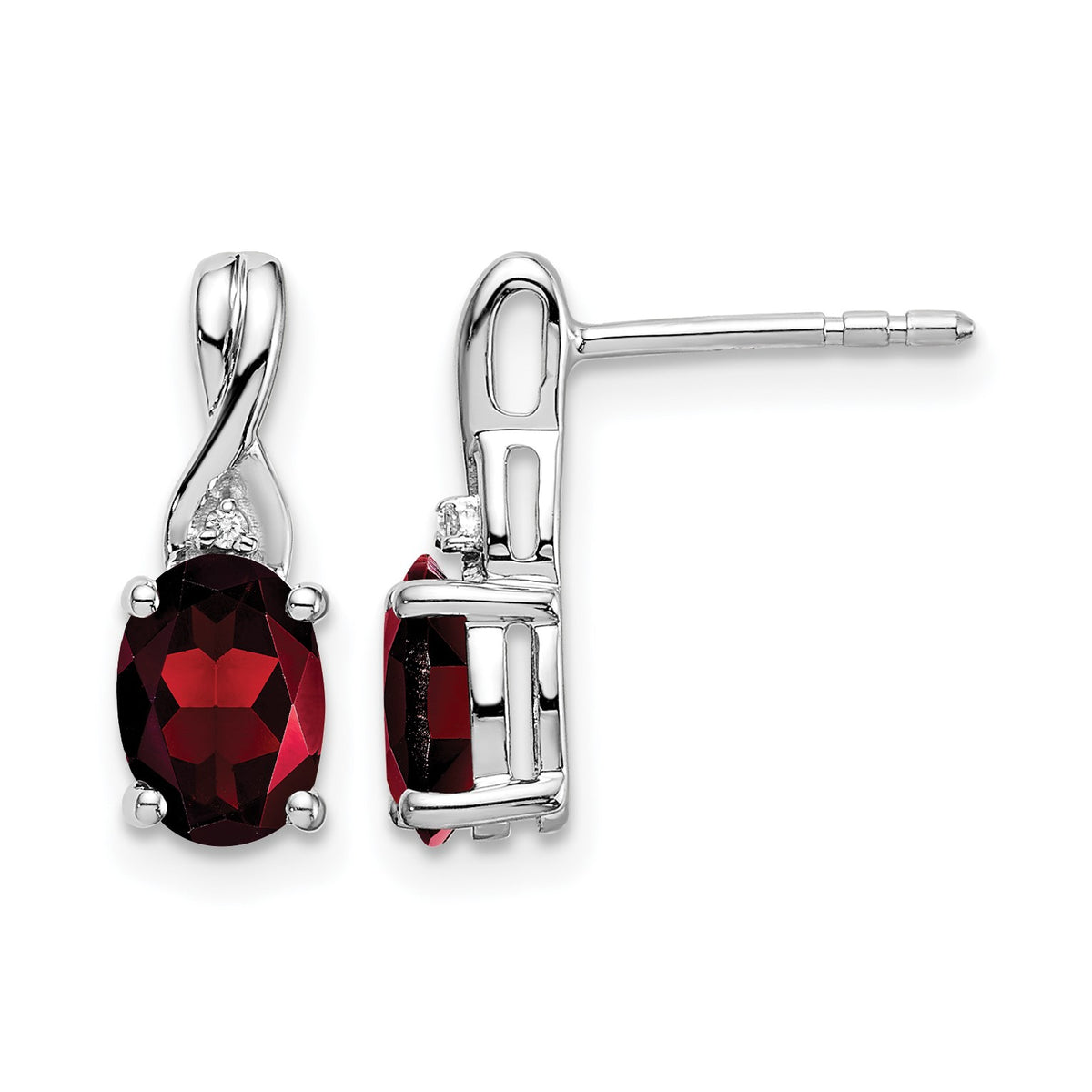 14k White Gold 7x5mm Oval Garnet and Diamond Post Earrings