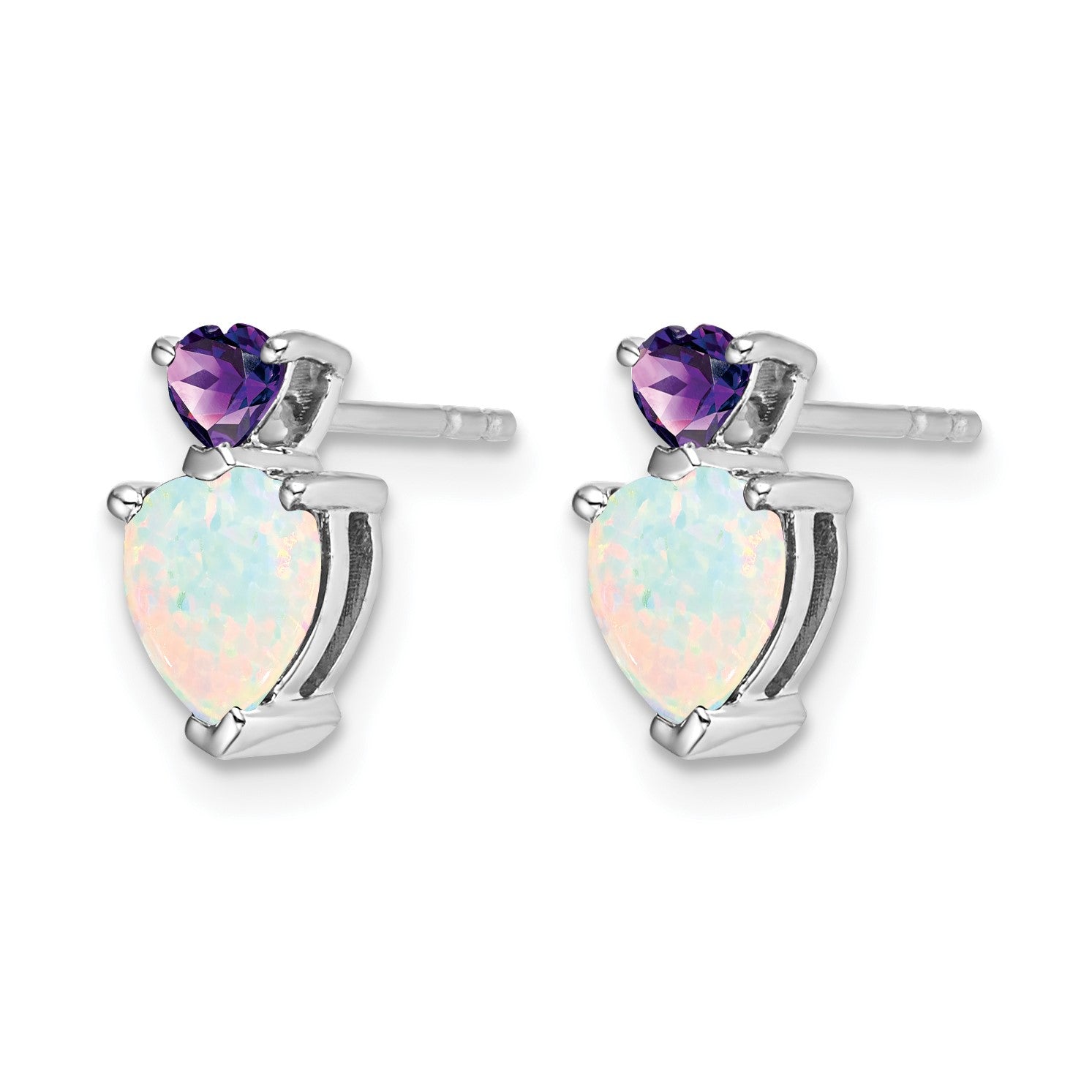 14k White Gold 6mm Heart Lab Created Opal and Amethyst Post Earrings