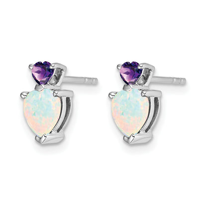 14k White Gold 6mm Heart Lab Created Opal and Amethyst Post Earrings