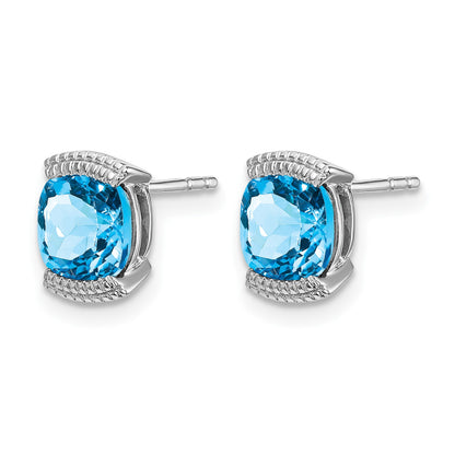 14k White Gold 6mm Cushion Blue Topaz Post Earrings