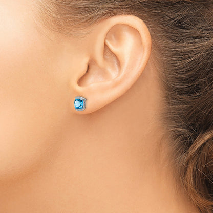 14k White Gold 6mm Cushion Blue Topaz Post Earrings
