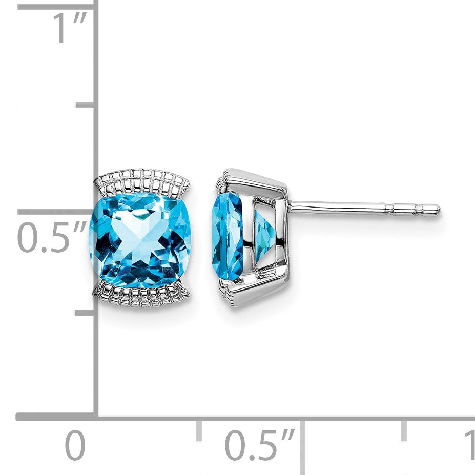 14k White Gold 6mm Cushion Blue Topaz Post Earrings