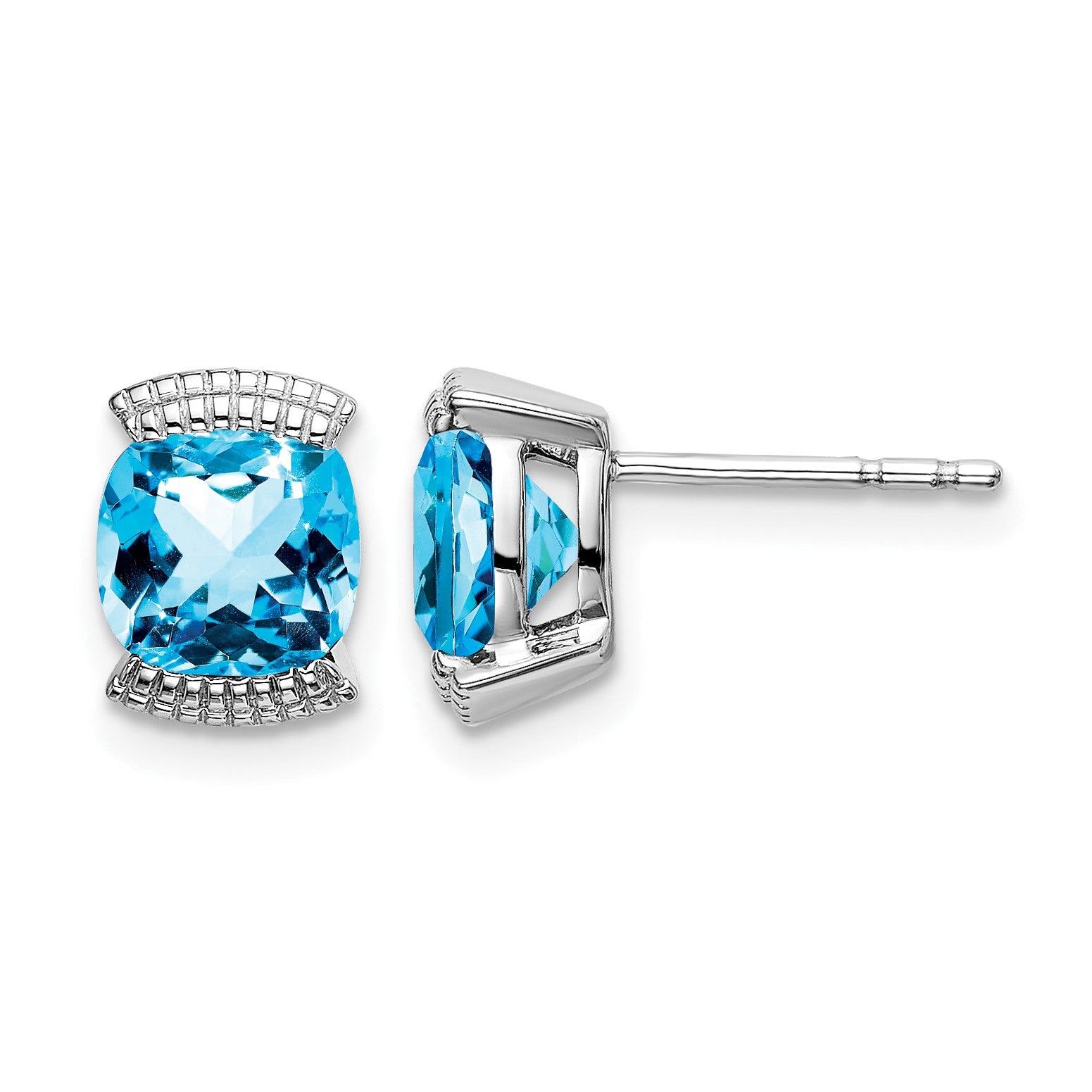 14k White Gold 6mm Cushion Blue Topaz Post Earrings