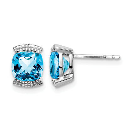 14k White Gold 6mm Cushion Blue Topaz Post Earrings
