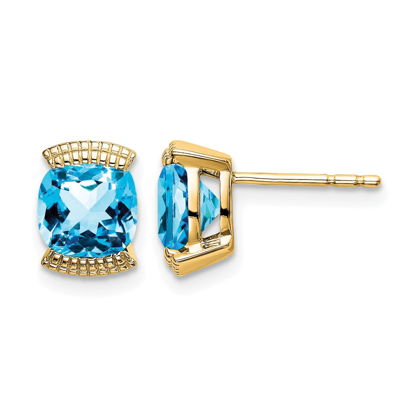 14k 6mm Cushion Blue Topaz Post Earrings