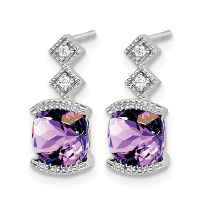 14k White Gold 6mm Cushion Amethyst and .04 carat Diamond Post Earrings