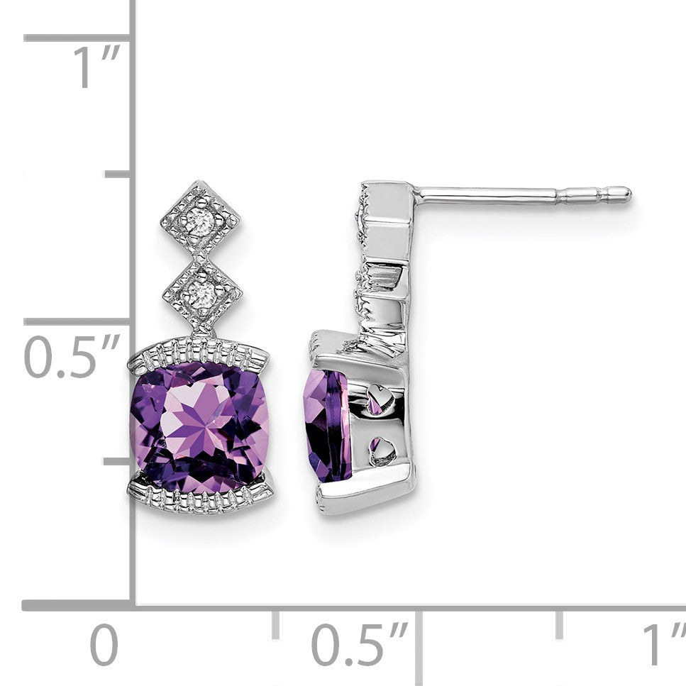 14k White Gold 6mm Cushion Amethyst and .04 carat Diamond Post Earrings