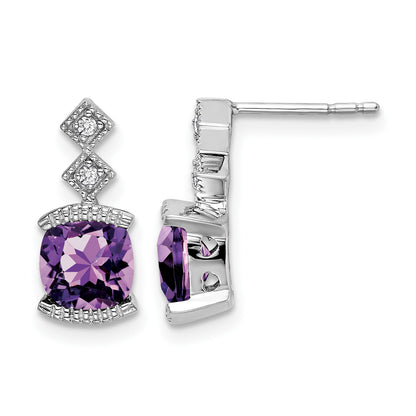 14k White Gold 6mm Cushion Amethyst and .04 carat Diamond Post Earrings