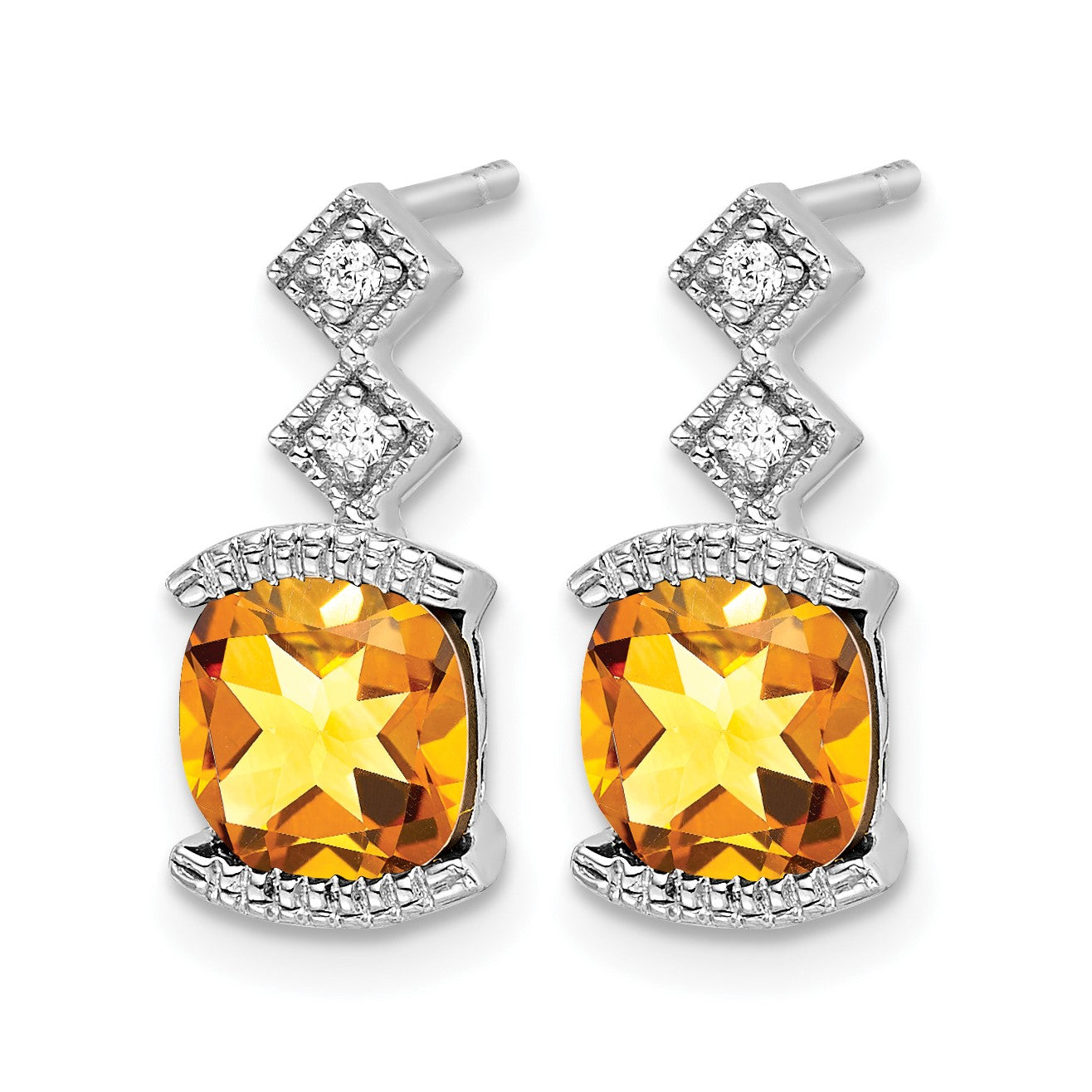 14k White Gold 6mm Cushion Citrine and .04 carat Diamond Post Earrings