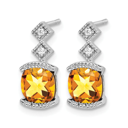 14k White Gold 6mm Cushion Citrine and .04 carat Diamond Post Earrings