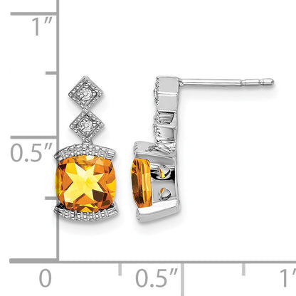 14k White Gold 6mm Cushion Citrine and .04 carat Diamond Post Earrings
