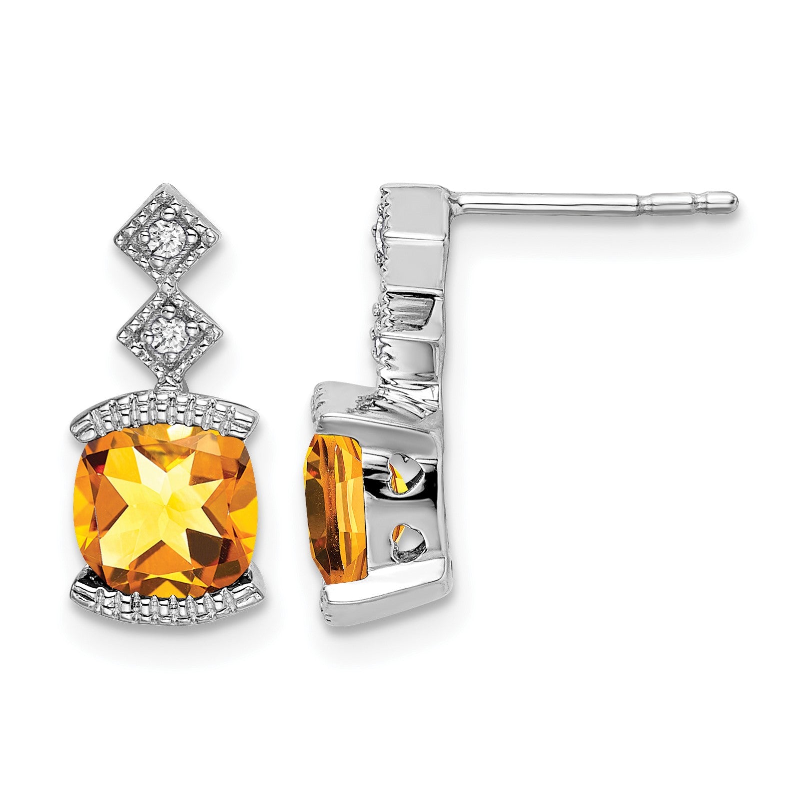 14k White Gold 6mm Cushion Citrine and .04 carat Diamond Post Earrings