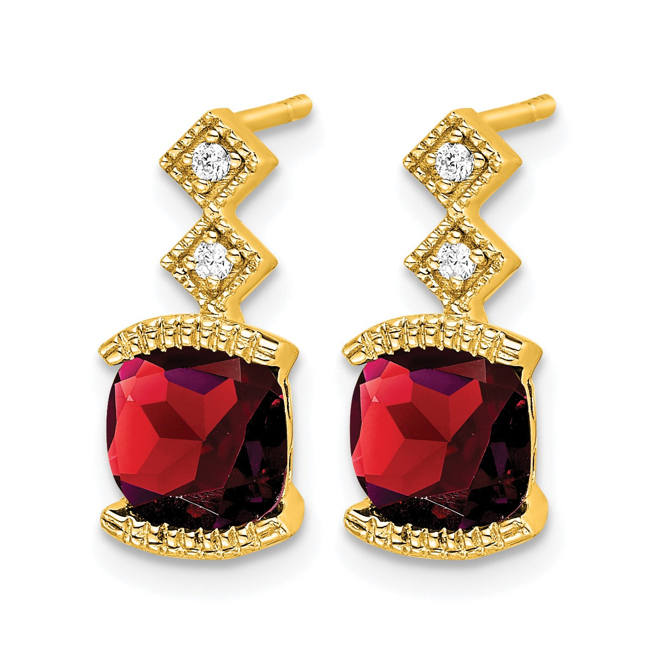 14k 6mm Cushion Garnet and .04 carat Diamond Post Earrings
