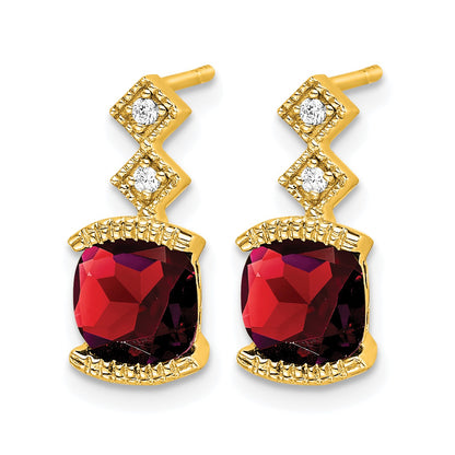 14k 6mm Cushion Garnet and .04 carat Diamond Post Earrings
