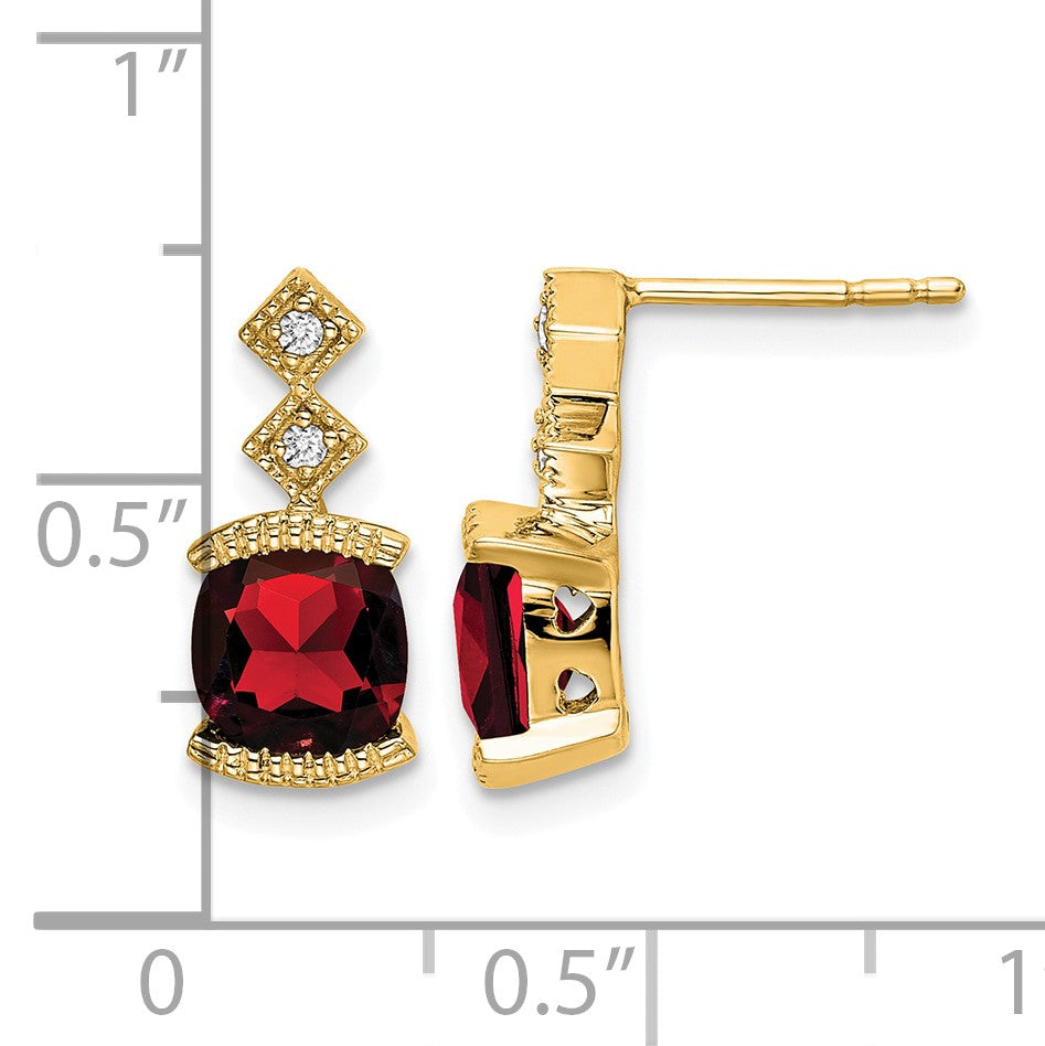14k 6mm Cushion Garnet and .04 carat Diamond Post Earrings