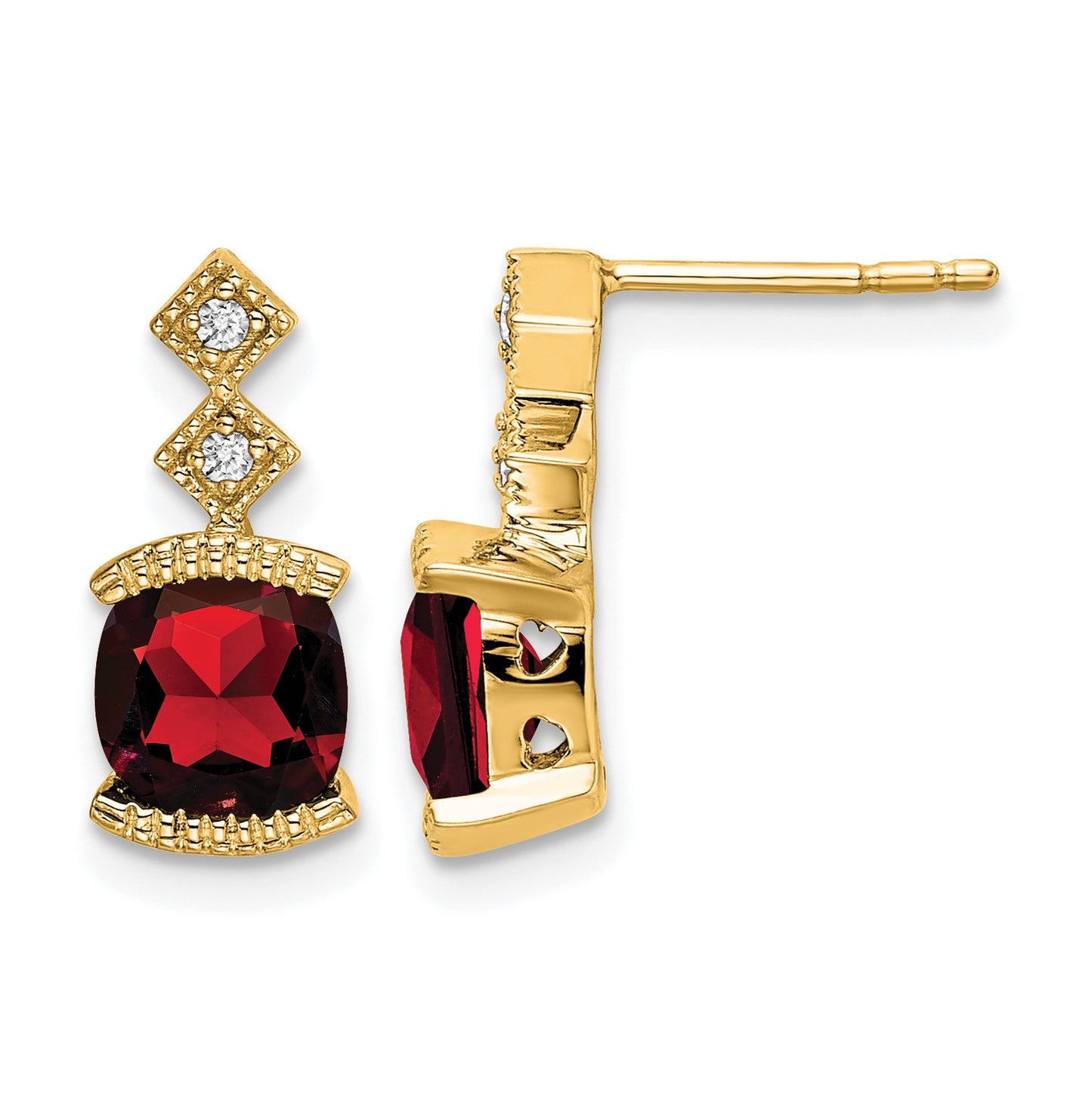 14k 6mm Cushion Garnet and .04 carat Diamond Post Earrings