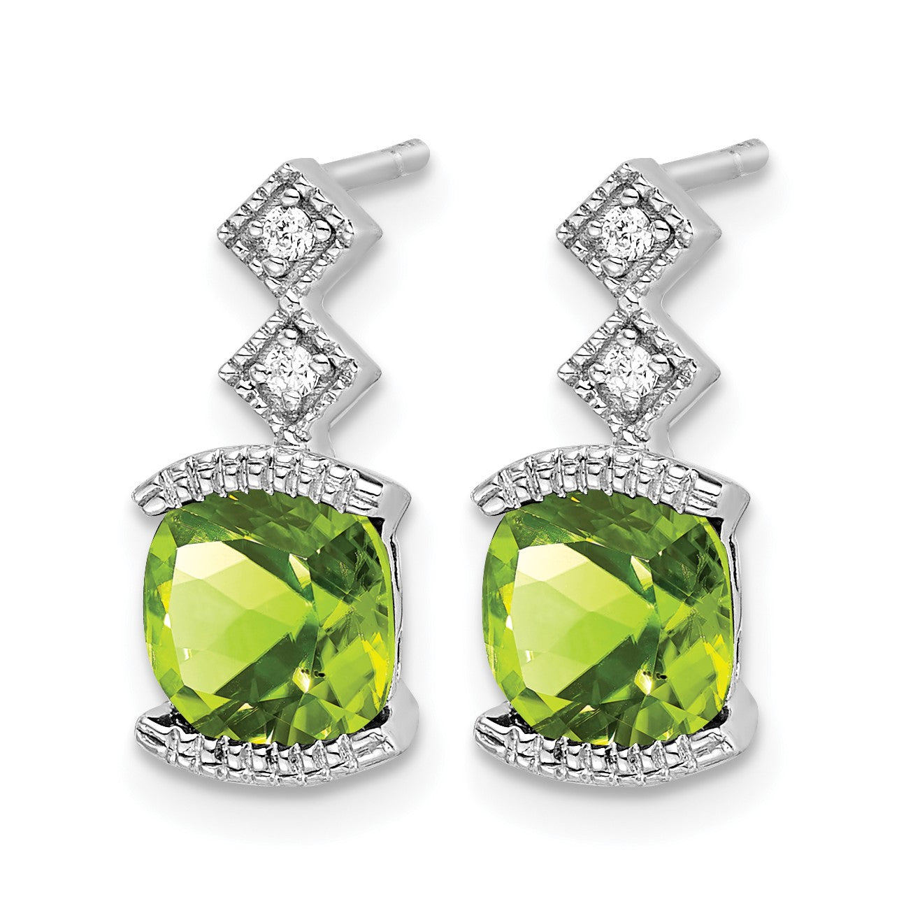 14k White Gold 6mm Cushion Peridot and .04 carat Diamond Post Earrings
