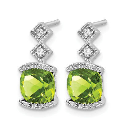 14k White Gold 6mm Cushion Peridot and .04 carat Diamond Post Earrings