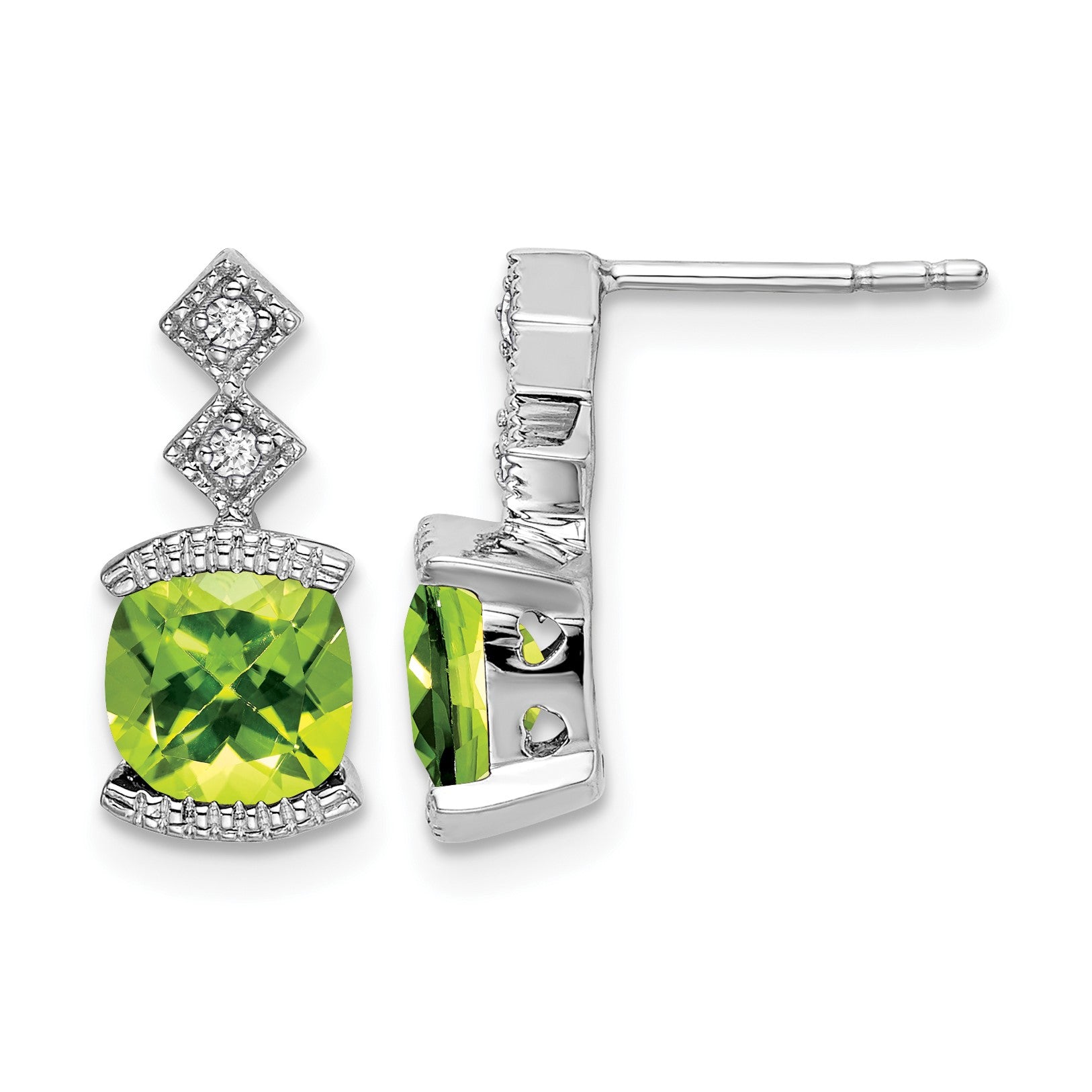 14k White Gold 6mm Cushion Peridot and .04 carat Diamond Post Earrings