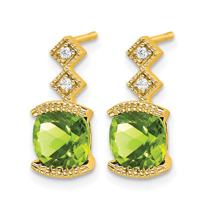 14k 6mm Cushion Peridot and .04 carat Diamond Post Earrings