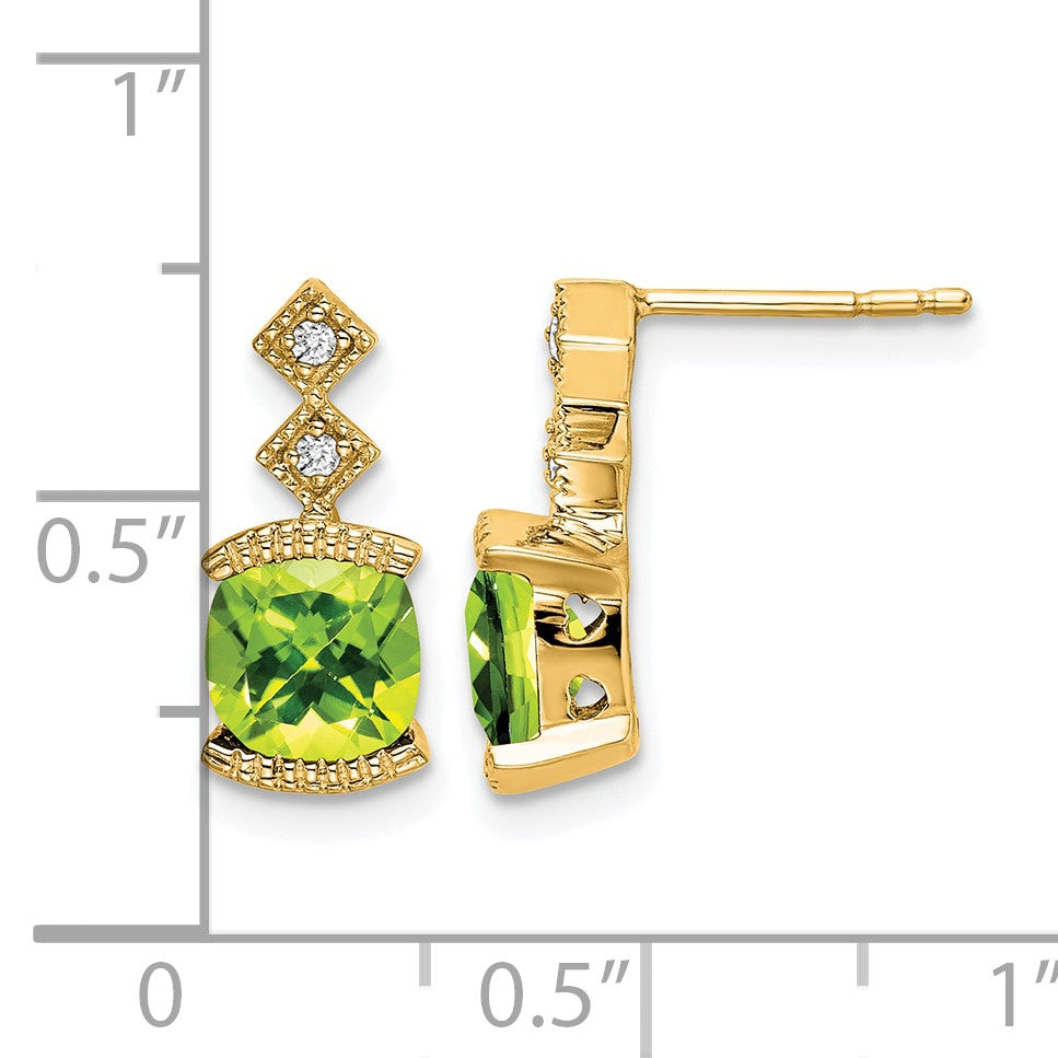 14k 6mm Cushion Peridot and .04 carat Diamond Post Earrings