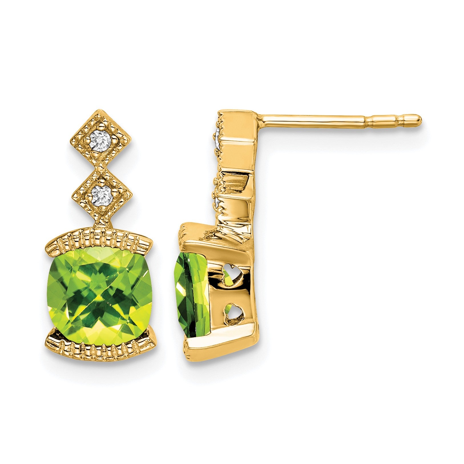 14k 6mm Cushion Peridot and .04 carat Diamond Post Earrings