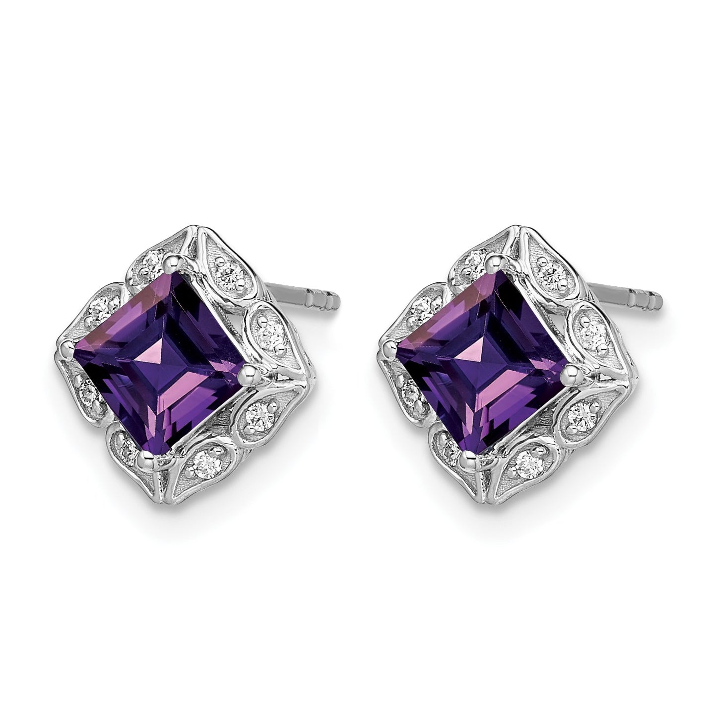 14k White Gold 5mm Square Amethyst and .08 carat Diamond Post Earrings