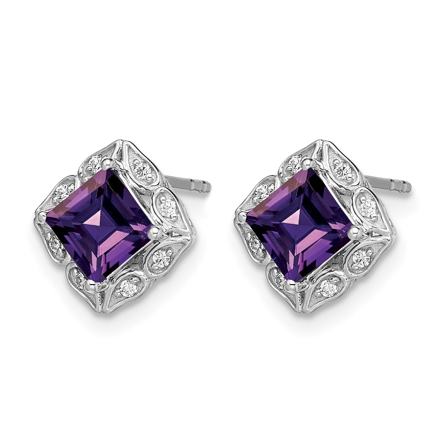 14k White Gold 5mm Square Amethyst and .08 carat Diamond Post Earrings