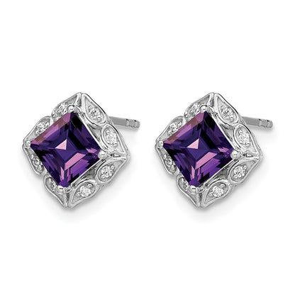 14k White Gold 5mm Square Amethyst and .08 carat Diamond Post Earrings