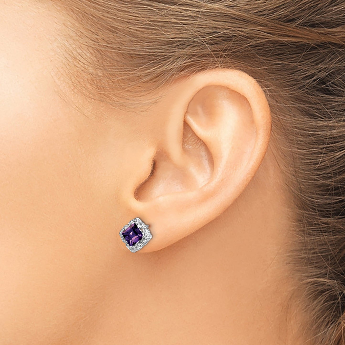 14k White Gold 5mm Square Amethyst and .08 carat Diamond Post Earrings