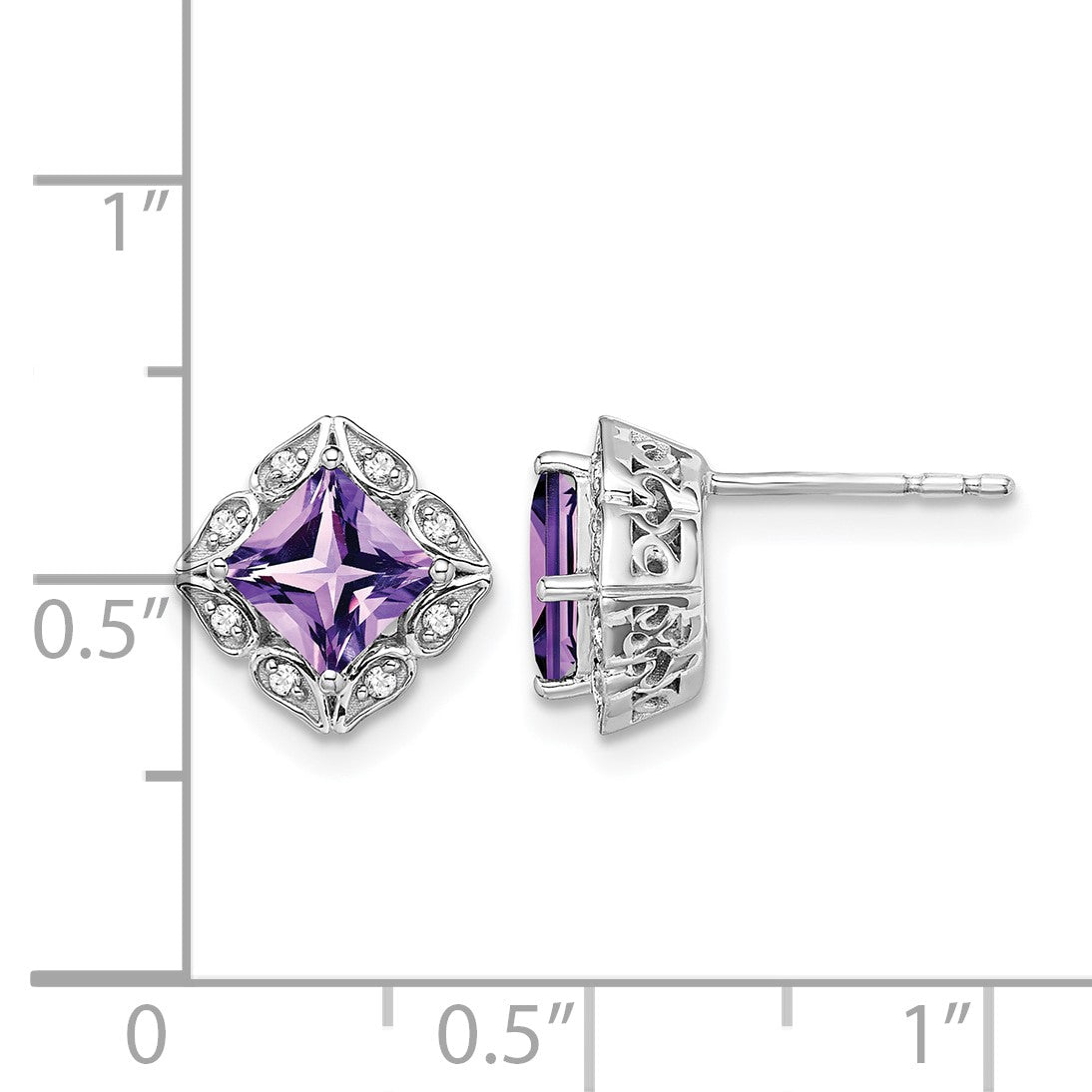 14k White Gold 5mm Square Amethyst and .08 carat Diamond Post Earrings
