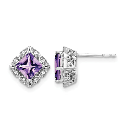 14k White Gold 5mm Square Amethyst and .08 carat Diamond Post Earrings