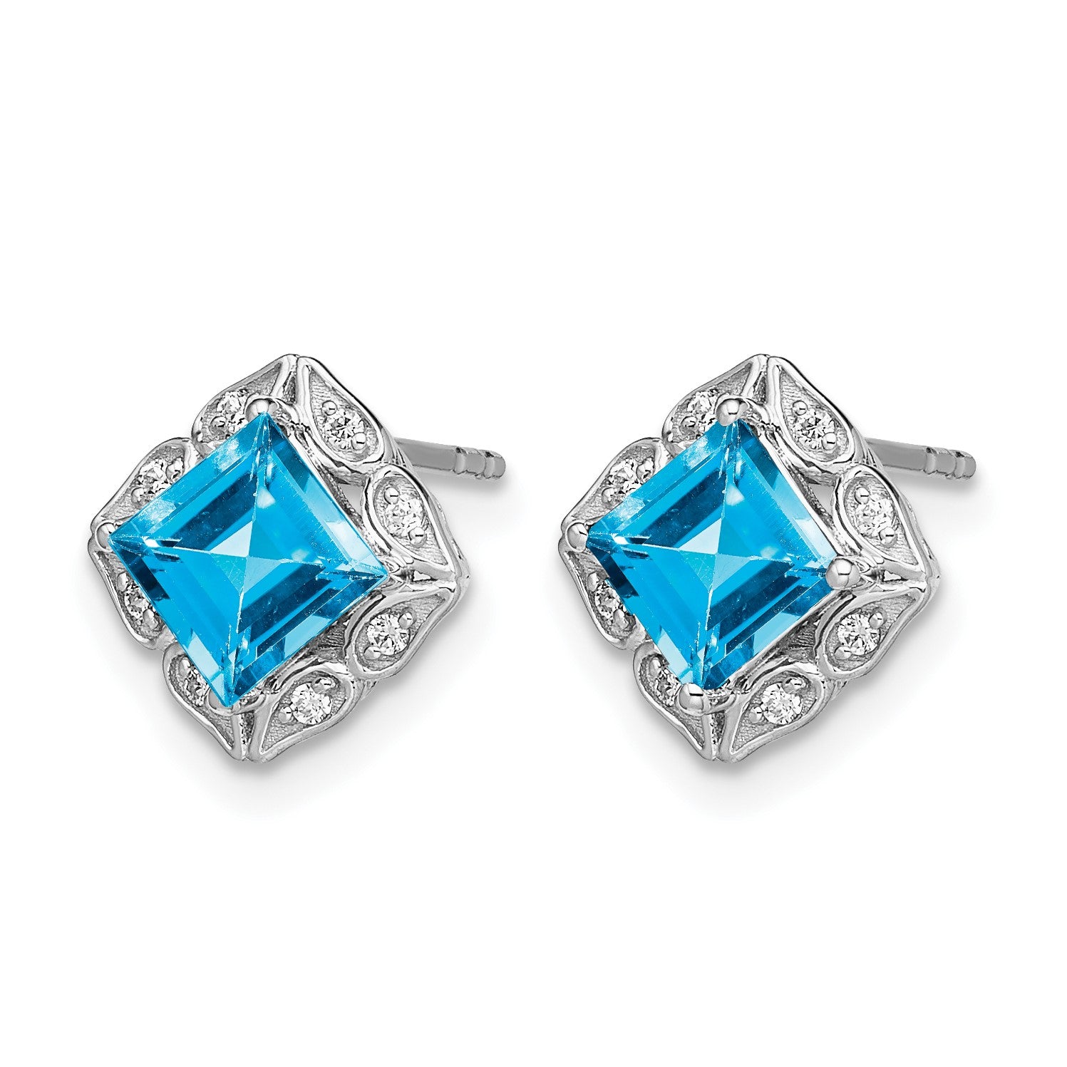 14k White Gold 5mm Square Blue Topaz and .08 carat Diamond Post Earrings