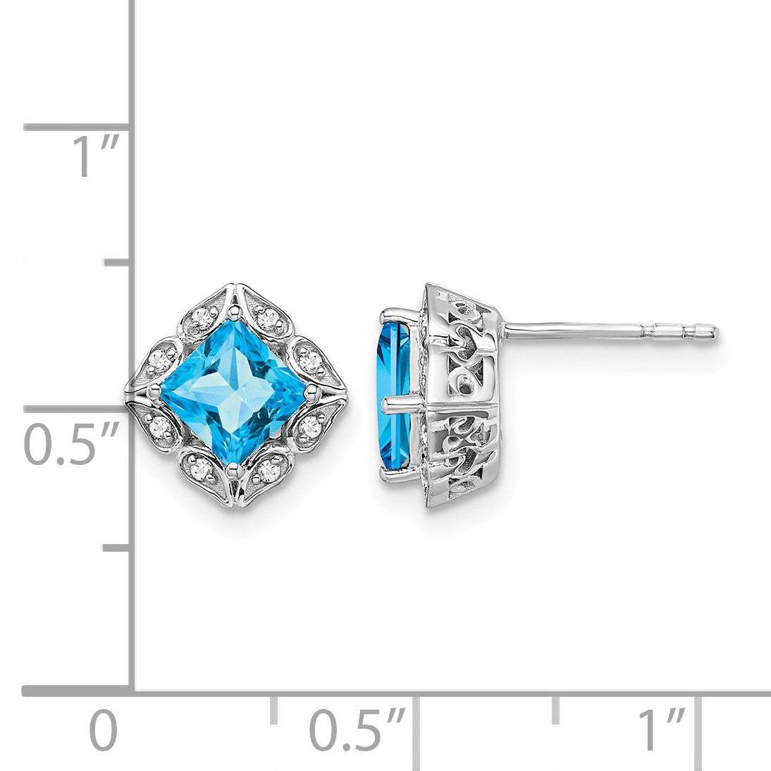14k White Gold 5mm Square Blue Topaz and .08 carat Diamond Post Earrings