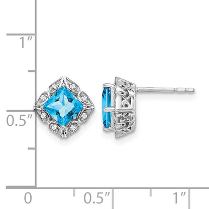 14k White Gold 5mm Square Blue Topaz and .08 carat Diamond Post Earrings
