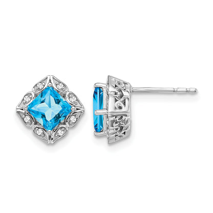 14k White Gold 5mm Square Blue Topaz and .08 carat Diamond Post Earrings