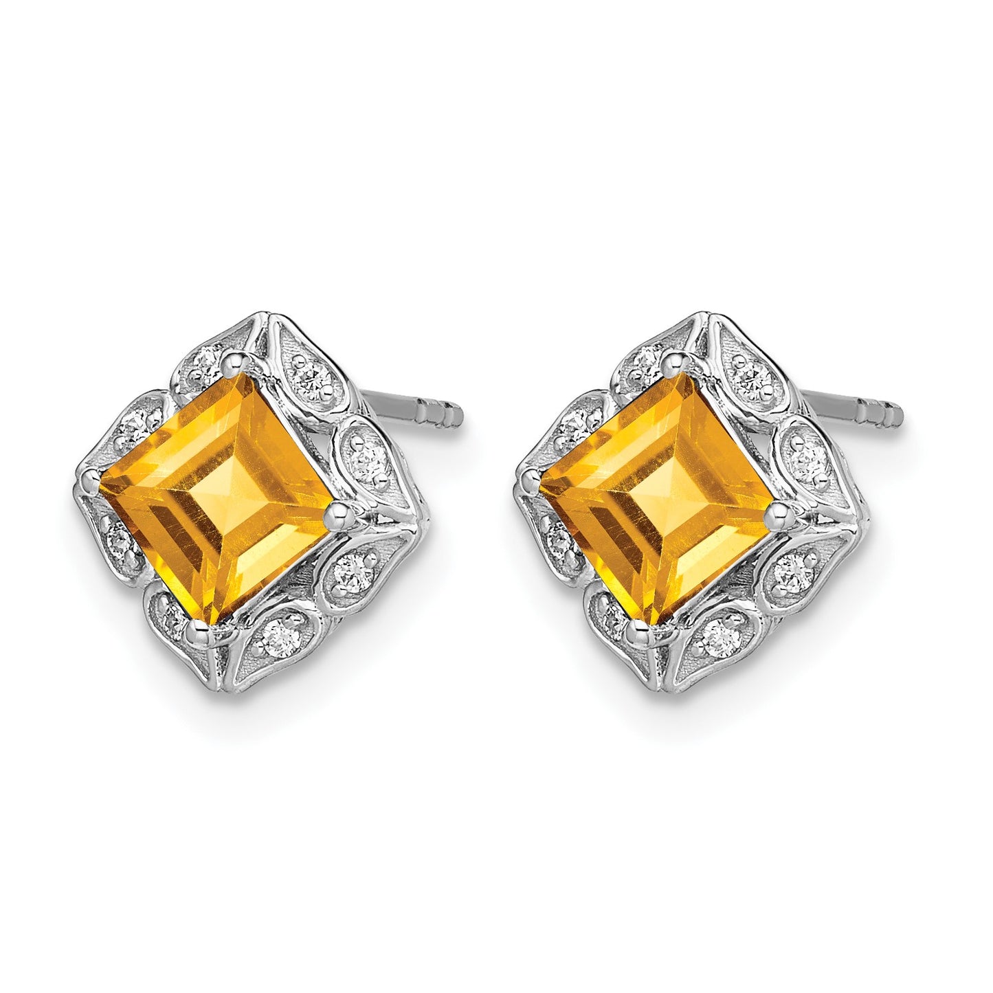 14k White Gold 5mm Square Citrine and .08 carat Diamond Post Earrings