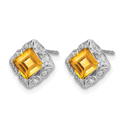 14k White Gold 5mm Square Citrine and .08 carat Diamond Post Earrings